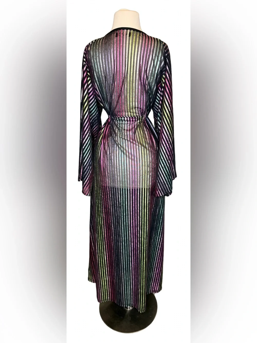 TAMO Design L Metallic Rainbow Stripe Sheer Maxi Duster Kimono Festival